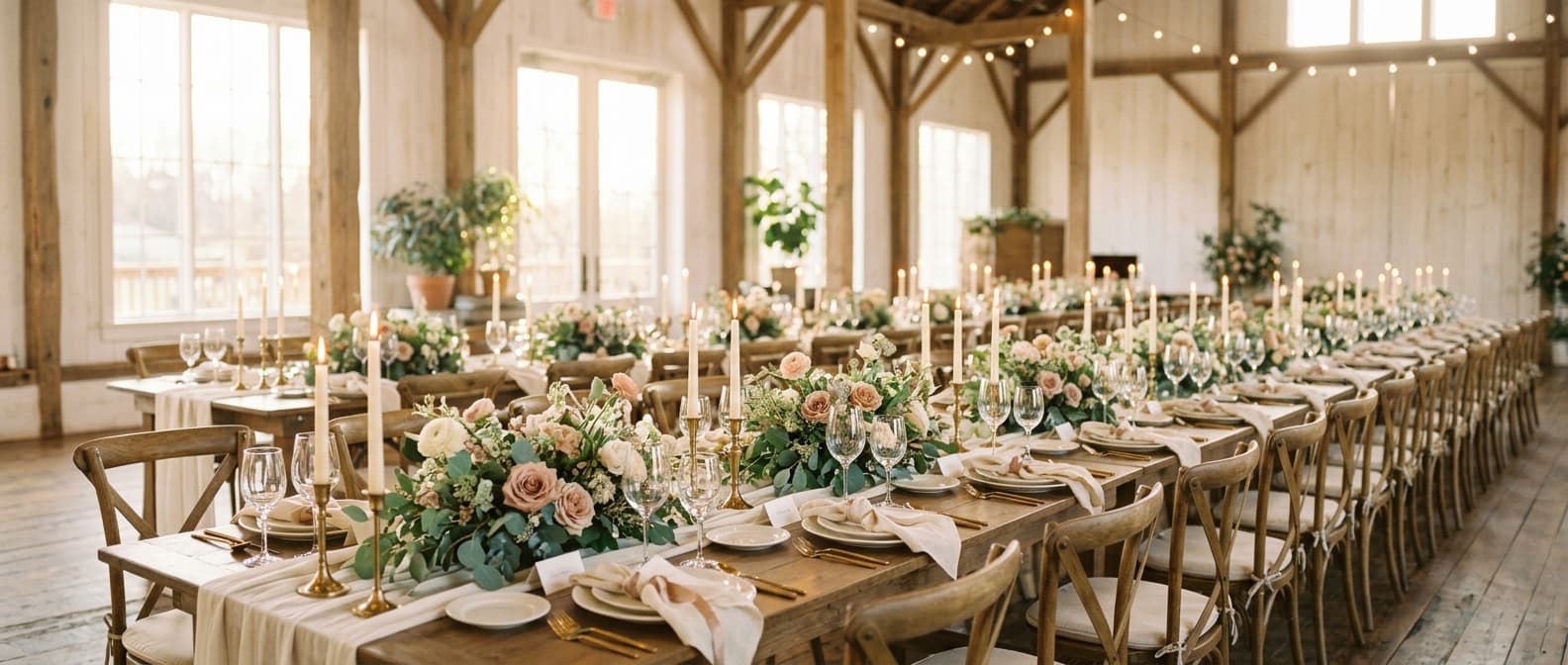 A long barn reception table set with candles, greenery, and place settings